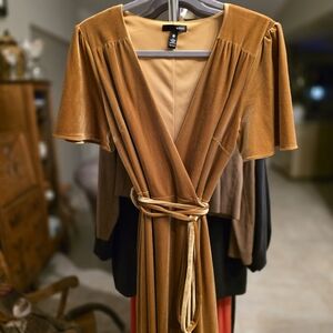 Aqua Wrap Velvet Dress. Sz. S.  Bell sleeves.  Tasselled ties.  Deep Gold Color.